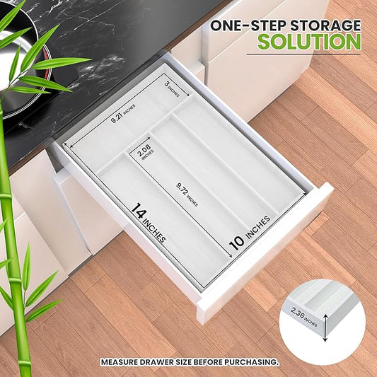 Utopia Kitchen Silverware Organizer, Bamboo Utensil Drawer Organizer for Cutlery, Utensils & Flatware (5 Compartment, White) Pack of 1