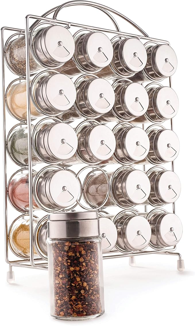 Mindspace Spice Rack Organizer with Set of 20 Glass Spice Jars Included Spices and Seasoning Rack for Countertop or Cabinet | The Wire Collection, Chrome (Spices NOT Included)