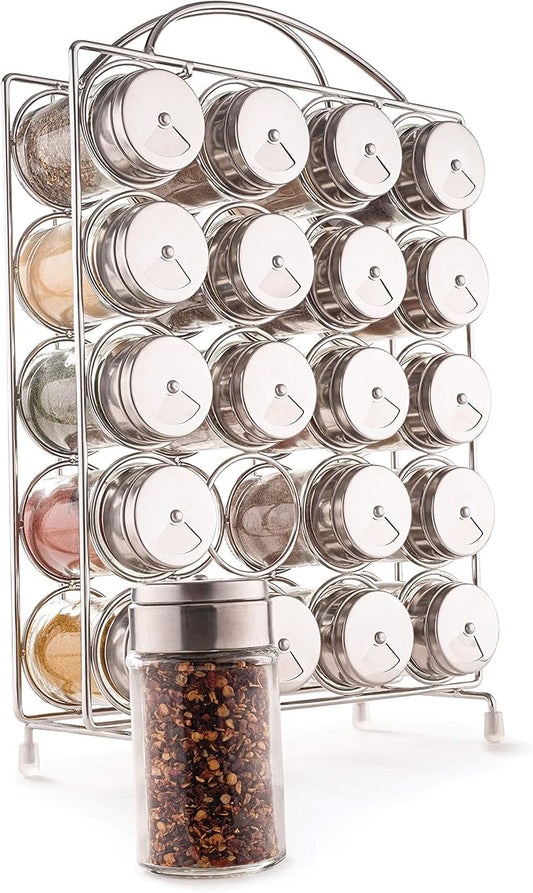 Mindspace Spice Rack Organizer with Set of 20 Glass Spice Jars Included Spices and Seasoning Rack for Countertop or Cabinet | The Wire Collection, Chrome (Spices NOT Included)