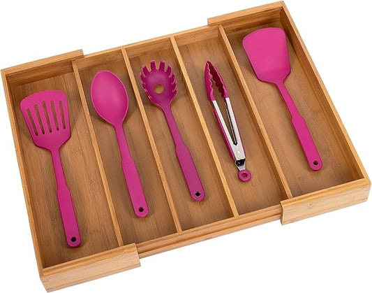 Seville Classics Bamboo Premium Organizer Storage Bins for Kitchen Silverware, Pantry, Closet, Office Desk, Pens, Utensils, Makeup, K Cup, Bamboo, Expandable Tray (5 Compartment)