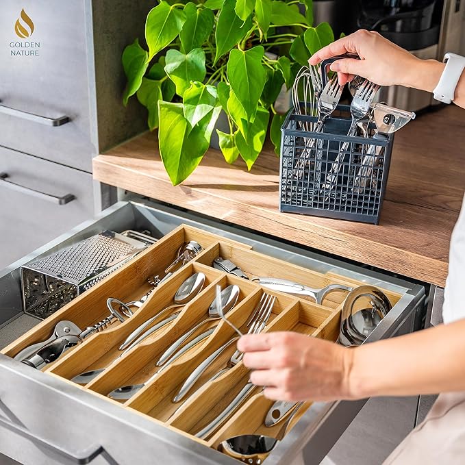 Bamboo Drawer Organizer for Silverware, Utensils, Kitchen Cutlery (14x10 inch Expands to 14x15 inch), Expandable Flatware Holder for Drawers