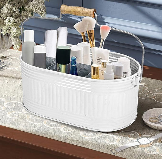 CLEENTABLE Galvanized Utensil Caddy – Rustic Farmhouse Chic Multi-Compartment Organizer for Kitchen, Parties & Picnics (13.5" L x 10" W x 5.5" H)