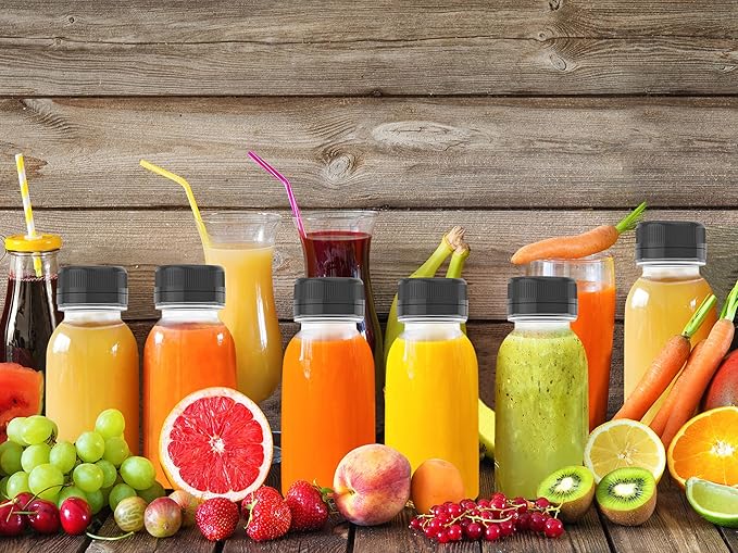 WANBAO 6 Pcs 6 oz Plastic Juice Bottle Reusable Bulk Beverage Containers for household use for Juice, Drinking Milkshake Tea, Milk, Juicing Smoothie Water and Other Beverages, Fridge Storage