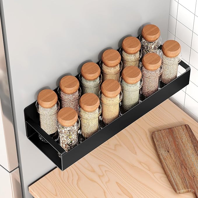 2 Pack Moveable Fridge Magnetic Spice Racks,Metal Black