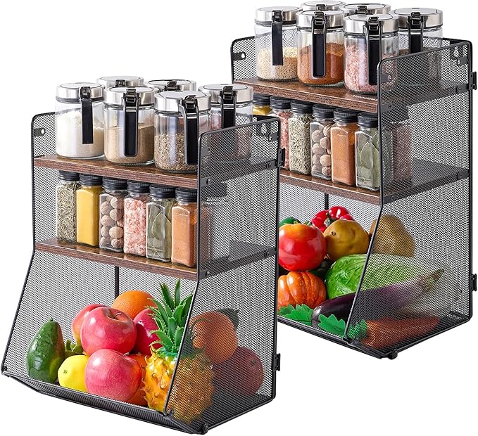 2pcs Spice Rack,Fruit Basket Kitchen Storage racks, Hanging Baskets Spice Rack for Kitchen, Countertop Organizer or Wall Mount for Spice,Snack, Fruit and Vegetable Storage