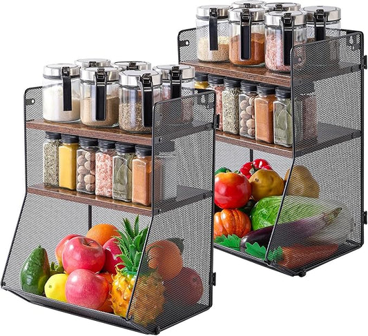 2pcs Spice Rack,Fruit Basket Kitchen Storage racks, Hanging Baskets Spice Rack for Kitchen, Countertop Organizer or Wall Mount for Spice,Snack, Fruit and Vegetable Storage
