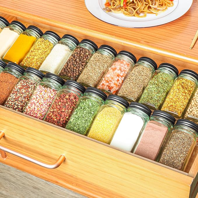 ComSaf 24Pcs 4oz Glass Spice Jars with Shaker Lids, 93 Labels, a Handy Funnel, a Pepper Grinder, Empty Spice Containers and Square Spice Bottles for Kitchen and Seasoning