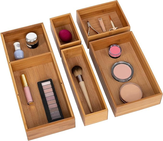 Seville Classics Bamboo Premium Organizer Storage Bins for Kitchen Silverware, Pantry, Closet, Office Desk, Pens, Utensils, Makeup, K Cup, Bamboo, Bin Set w/Dividers (5 Piece)