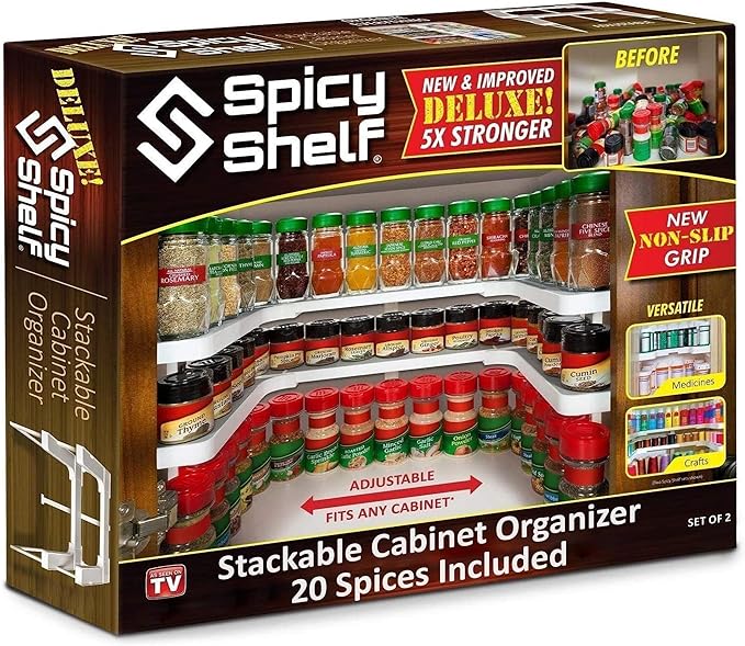 Spicy Shelf with 20 Jars of Spices inclded - Expandable Spice Rack and Stackable Cabinet & Pantry Organizer - Cabinet Spice Racks for inside Cabinets