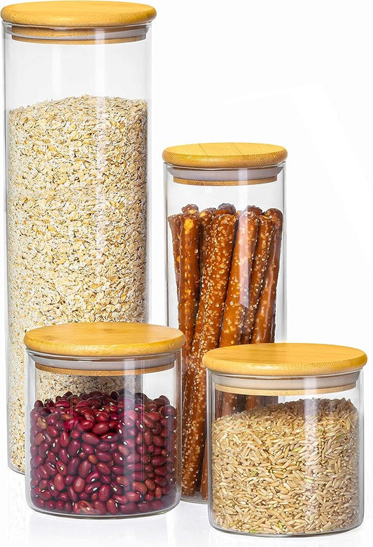 Crutello Glass Food Storage Containers with Bamboo Lids, Kitchen Glassware Canisters 4 Pack, One 54 & 32 oz, Two 23 oz, Pantry Glass Airtight Containers