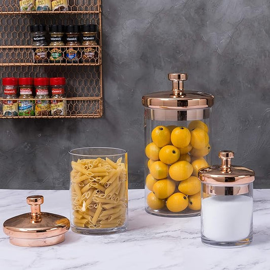 MyGift Glass Apothecary Cookie Jar Set with Copper Lid - Decorative Kitchen and Bath Storage Canisters, Wedding Centerpiece Jars, Candy Buffet with Lids
