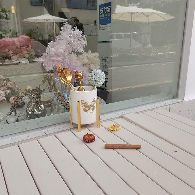 Kitchen Utensil Holder,White Ceramic Silverware Caddy With Golden Metal Frame Chic & Modern Kitchen Cooking