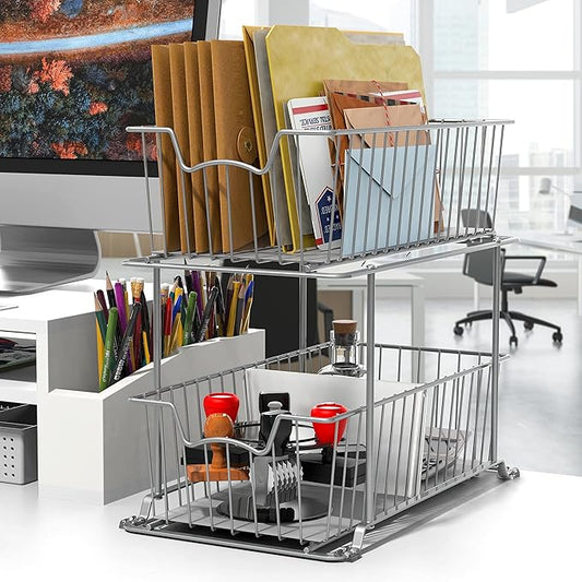 Simple Houseware 2 Tier Cabinet Wire Basket Drawer Organizer, Grey
