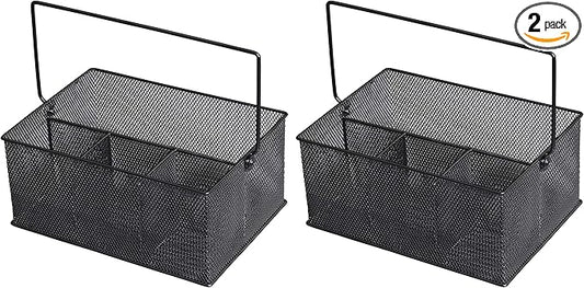 YBM HOME Mesh Basket Utensil Holder & Picnic Silverware Caddy Organizer with Four Compartments and Napkin Storage, Black (2 Pack)