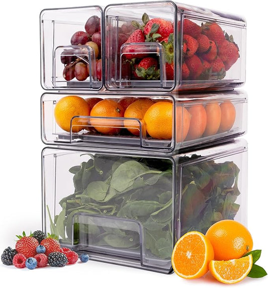 4-Pack - Fridge Organizer Bins - Stackable Fridge Organization with Drawers, Water Collection Insert, Easy Access Refrigerator Organizers and Storage