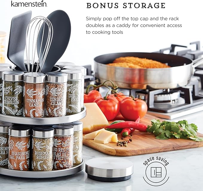 Kamenstein 20 Jar Revolving Spice Rack with Integrated Tool Caddy, Brushed Stainless Steel with Stainless Steel Caps