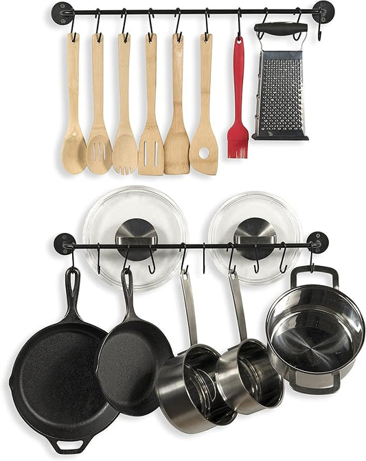 Wallniture Cucina 24" Gourmet Kitchen Rail Wall Mount Kitchen Utensil Holder with 10 S Hooks for Hanging Pots and Pans Set of 2, Black