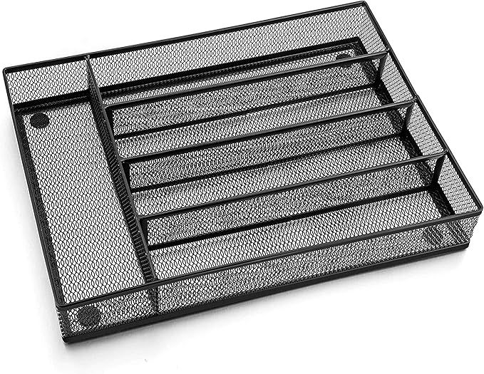 LIANYU Silverware Utensil Drawer Organizer, 5 Compartments Steel Mesh Cutlery Flatware Tray with Foam Feet, 9 1/4" W x 12 1/2" L x 2" H, Black