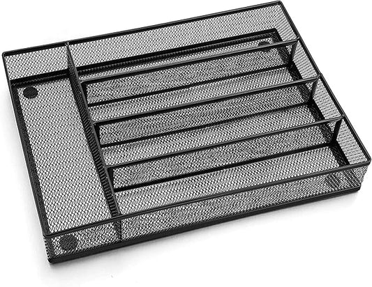 LIANYU Silverware Utensil Drawer Organizer, 5 Compartments Steel Mesh Cutlery Flatware Tray with Foam Feet, 9 1/4" W x 12 1/2" L x 2" H, Black