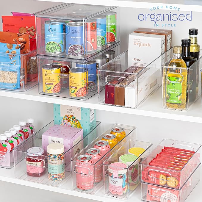Plastic Food Storage 6 Pack Clear Container Bin with Handles for Organizing Kitchen, Pantry, Fridge, Freezer, Pantry, Bathroom. 14"x6"5"