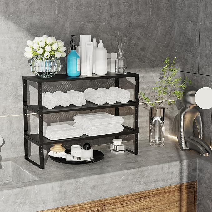 Expandable Adjustable Stackable Kitchen Organizer, Spice Rack,Metal Pantry Storage Shelves Racks,Counter Shelf for Cabinets, Countertop, Cupboard(2 Packs/Large/Black)