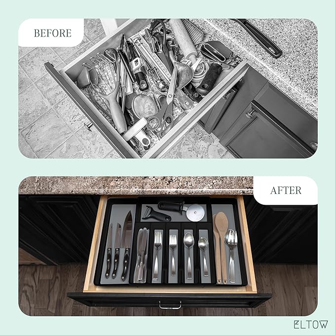 ELTOW Large Expandable Silverware Drawer Organizer, 8 Compartment Non-Slip & Adjustable Silverware Organizer for Drawer, Kitchen Organization for Utensils, Cutlery, Silverware Tray (Black)