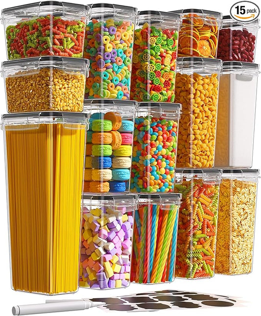 15 Pack Airtight Food Storage Containers with Lids, Kitchen Pantry Organizers and Storage, BPA-Free Plastic Food Canisters for Cereal, Flour, Sugar, Pasta, Dry Food, Include Labels & Marker