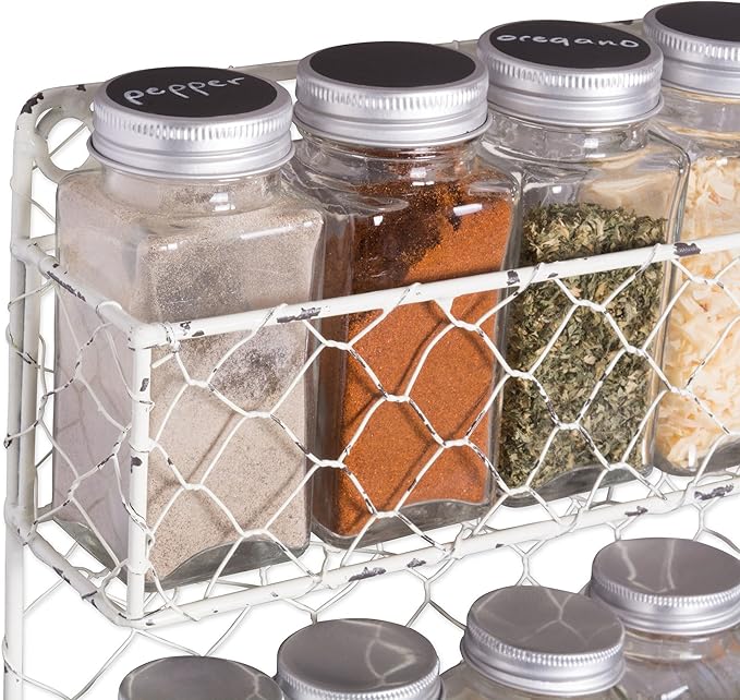 DII Farmhouse Vintage Decorative Metal Pantry Spice Rack Organizer, 9.45Lx2.3Wx10H, 2 Tier Spice Rack - White 12 Piece