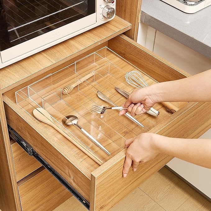 Expandable Kitchen Drawer Organizer Clear Acrylic Utensil Organizer Adjustable Acrylic Silverware Storage for Kitchen Drawers Silverware Flatware Knives (5-7 Compartments)