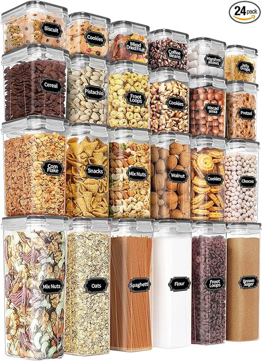 PRAKI Airtight Food Storage Containers Set with Lids - 24 PCS, BPA Free Kitchen and Pantry Organization, Plastic Leak-proof Canisters for Cereal Flour & Sugar - Labels & Marker(Grey0