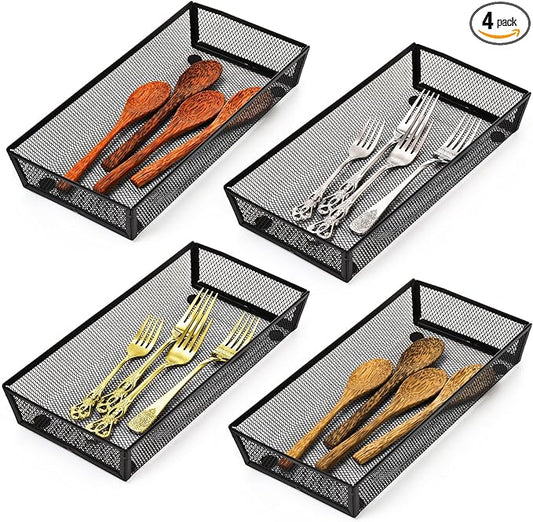 Elsjoy 4 Pack 12 Inch Mesh Flatware Trays for Kitchen Drawers, Metal Utensil Desk Drawer Organizer Kitchen Cutlery Tray Holder, Long Narrow Silverware Organizer for Spoon, Knife, Fork