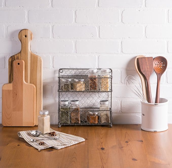 DII Farmhouse Vintage Decorative Metal Pantry Spice Rack Organizer, 9.45Lx2.3Wx10H, 2 Tier Spice Rack - Rustic