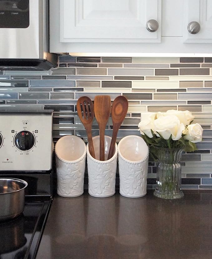 Kitchen Tool Crock (4 Pieces) - 3 Ceramic Utensil Holders (4" Dia x 7" H each) & 1 Metal Caddy - White & Embossed Design