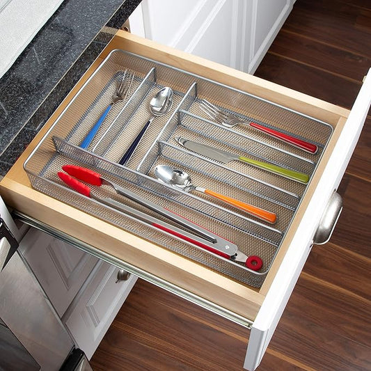 Honey-Can-Do KCH-02162 Steel Mesh 6-Compartment Cutlery Utensil Organizer, Silver, 16x11.25x2