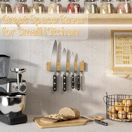 Magnetic Knife Holder for Wall, 10" Acacia Wood Knife Magnetic Strip Powerful Magnet Knife Holder Strip No Drill Use as Tool Key Storage Knife Bar, Knife Rack for Kitchen Utensil Organizer Light Brown