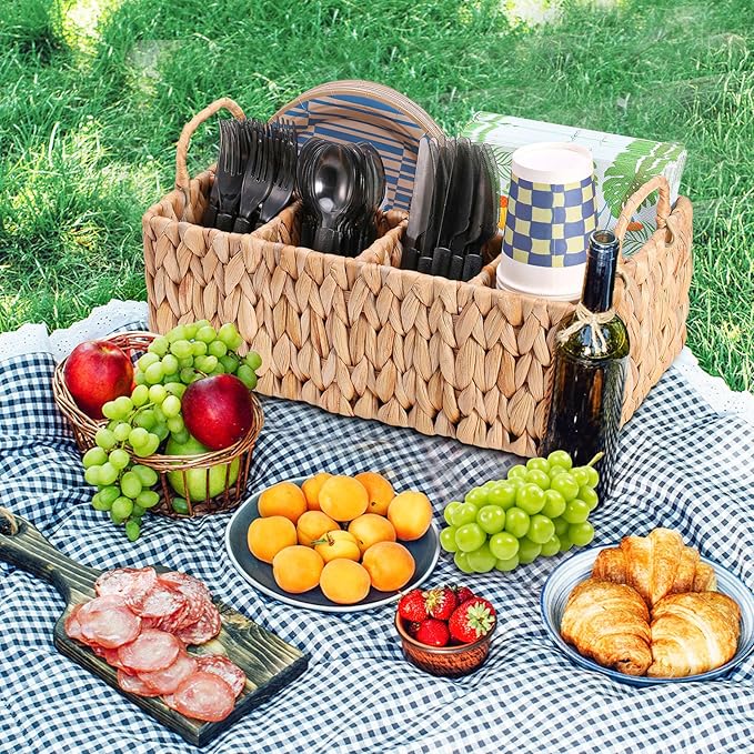 Wicker Party Silverware Caddy, Water Hyacinth Plastic Cutlery Utensil Holder, Hand Woven with Handles, Kitchen Countertop and Picnic flatware Organizer (5 compartments)
