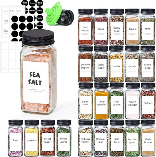 ComSaf 24Pcs 4oz Glass Spice Jars with Shaker Lids, 93 Labels, a Handy Funnel, a Pepper Grinder, Empty Spice Containers and Square Spice Bottles for Kitchen and Seasoning