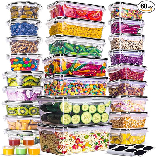 RFAQK 60 PCS Food Storage Containers with Lids Airtight-75 OZ to 1.2 OZ-Leakproof Clear Plastic Meal Prep Containers Reusable-Microwave and Dishwasher Safe
