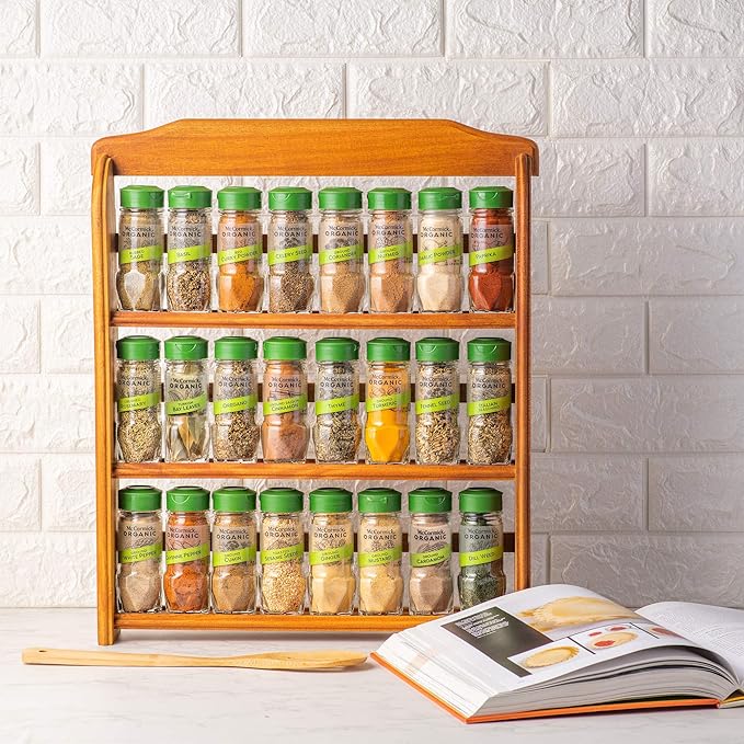 McCormick Gourmet Three Tier Wood 24 Piece Organic Spice Rack Organizer with Spices Included, 27.6 oz