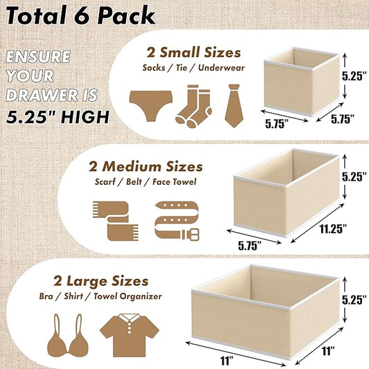 Simple Houseware Underwear Drawer Organizer for Lingerie/Undergarment/Bra/Panty/Sock/Onesie, Set of 6, Beige