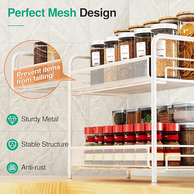 Spice Rack Organizer for Countertop,Xpatee 2-Tier Foldable Metal Rust-Proof Standing Large Seasoning Storage Shelf with Guardrail and Mesh Design for Kitchen Cabinet Bathroom Living Room Pantry, White