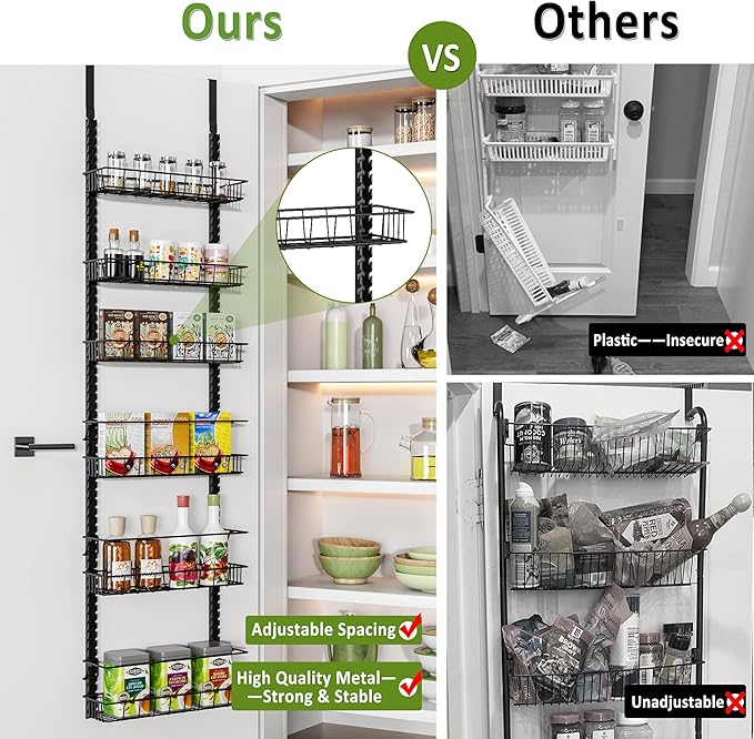 Churboro Over the Door Pantry Organizer Rack with 6 Adjustable Baskets, 6 Tiers Dual-use Spice Rack- Hanging or Wall Mount Spice Rack, Pantry Door Organizer, Black
