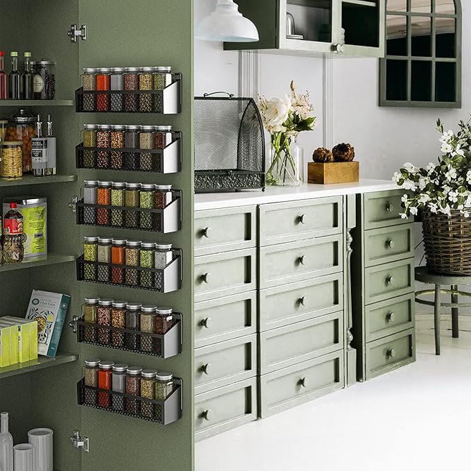 Moforoco 6 Spice Rack Over Door Pantry Organizer for Cabinet Door Wall Mount, Hanging Black Spice Pantry Organization Storage Shelf, Farmhouse Kitchen Seasoning Organizer Cabinet Door