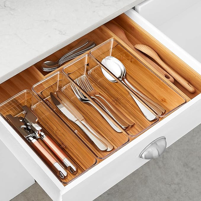 Hudgan 8 Pack Clear Plastic Drawer Organizer Bins Set, Stackable Cutlery Storage Bins Trays for Organizing Kitchen, Bathroom, Office, Crafts, Gadgets, Cabinet Supplies