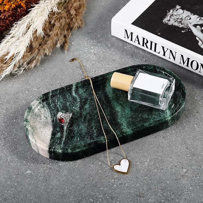 Koville Green Marble Tray for Bathroom Countertop, 10"x5" Natural Marble Vanity Tray Perfume Trays for Dresser, Stone Jewelry Dish Candle Holder for Home Decor, Stone Catchall Trays