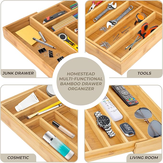 HOMESTEAD Nature Bamboo Expandable Drawer Organizer - Up to 10 Slots, Silverware Organizer, and Cutlery Trays for Kitchen Drawer Divider & Versatile in Bedroom, Office, Cosmetics