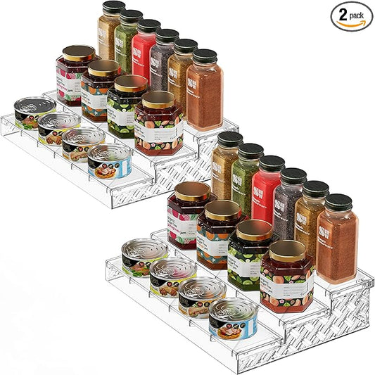 Simple Houseware 3 Tier Plastic Spice Shelf For Countertop and Cabinet Storage Organizer, 2 Pack, Clear
