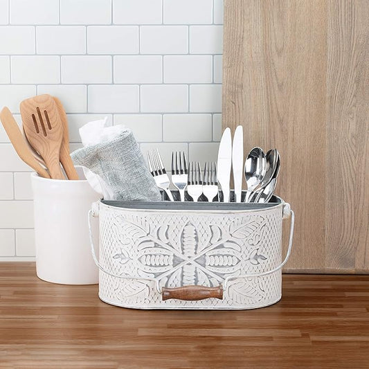 CRAFTSMAN ROAD Distressed White Metal Caddy – Farmhouse Galvanized Kitchen Organizer with Handle – Vintage Rustic Multi-Compartment Holder for Napkins, Plates, Cutlery, Flatware, Cleaning Supplies