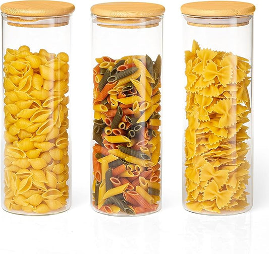 Glass Food Storage Containers with Bamboo Lids, 3 Pack - 32 Fluid oz Airtight Clear Kitchen Organization Canisters