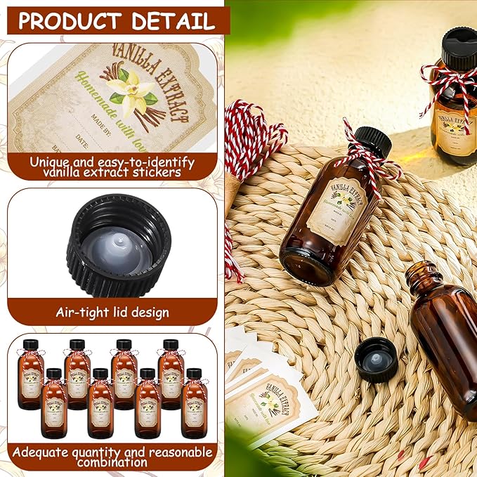 Uiifan 12 Pack Amber Glass Bottle Boston Round Bottles with Caps Brown Vanilla Extract Jars and 12 Pcs Vanilla Extract Stickers for Syrup Gift Glass Jar Food Storage Canister Set Sauce Beans(2 oz)